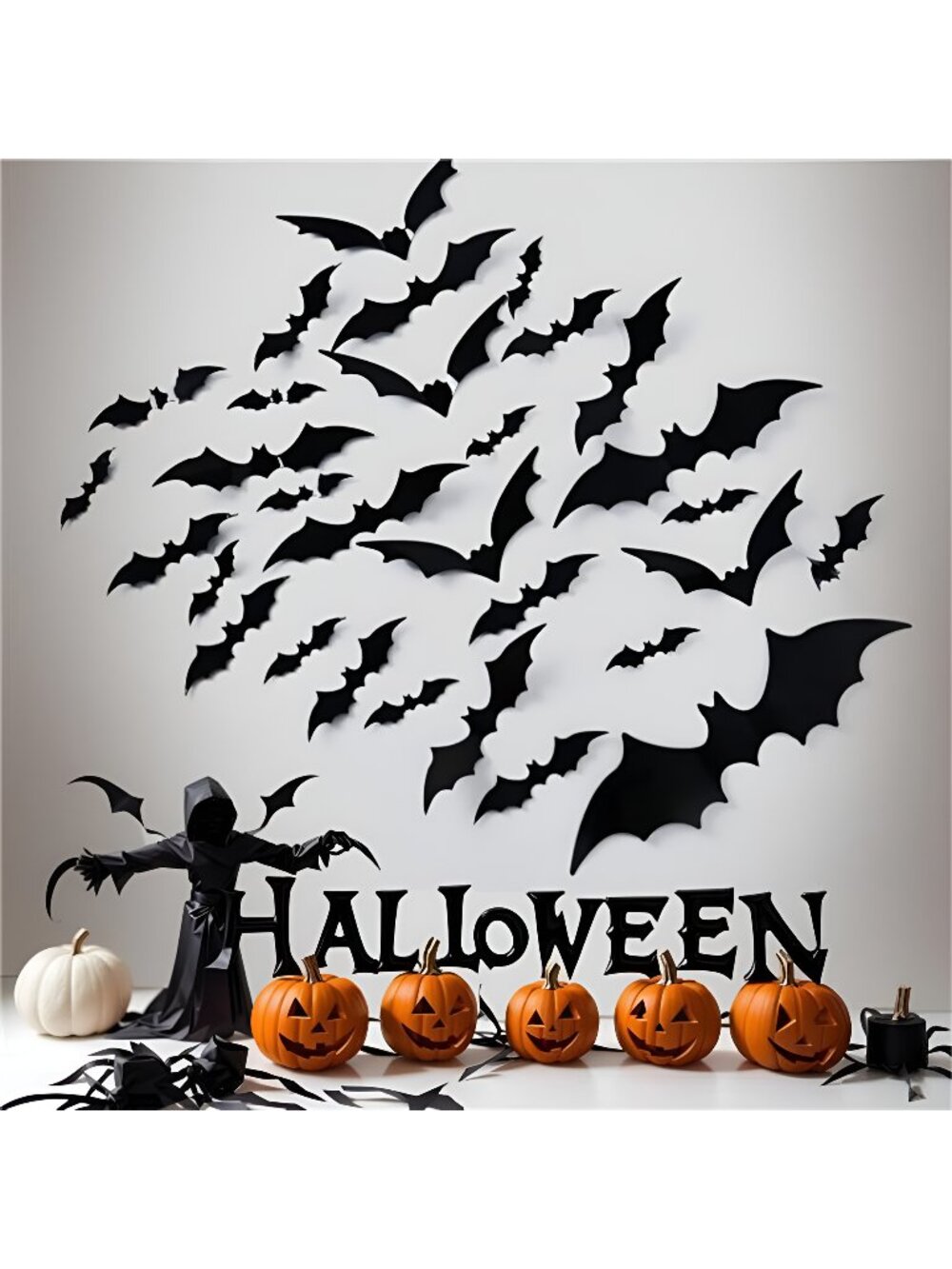 170PCS Halloween Decoration Bats Wall Decor in 6 Sizes, Realistic 3D PVC Black